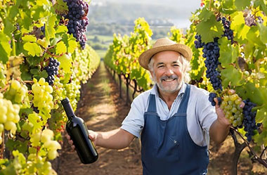 Wine maker in his vineyard holding wine glass and bottle