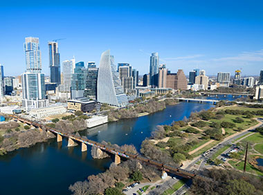 Aerial view of Austin, Texas and Colorado river