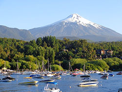 View of lake and volcano in Pucón,