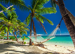Beautiful Fiji beach with hammock and palm trees